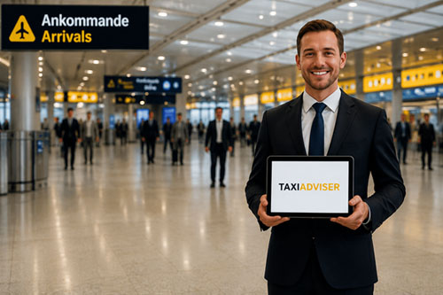 Taxi driver meeting passenger at Arlanda Airport arrivals hall Stockholm